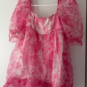 Sheer Floral Puff-Sleeve Blouse in Hot Pink
